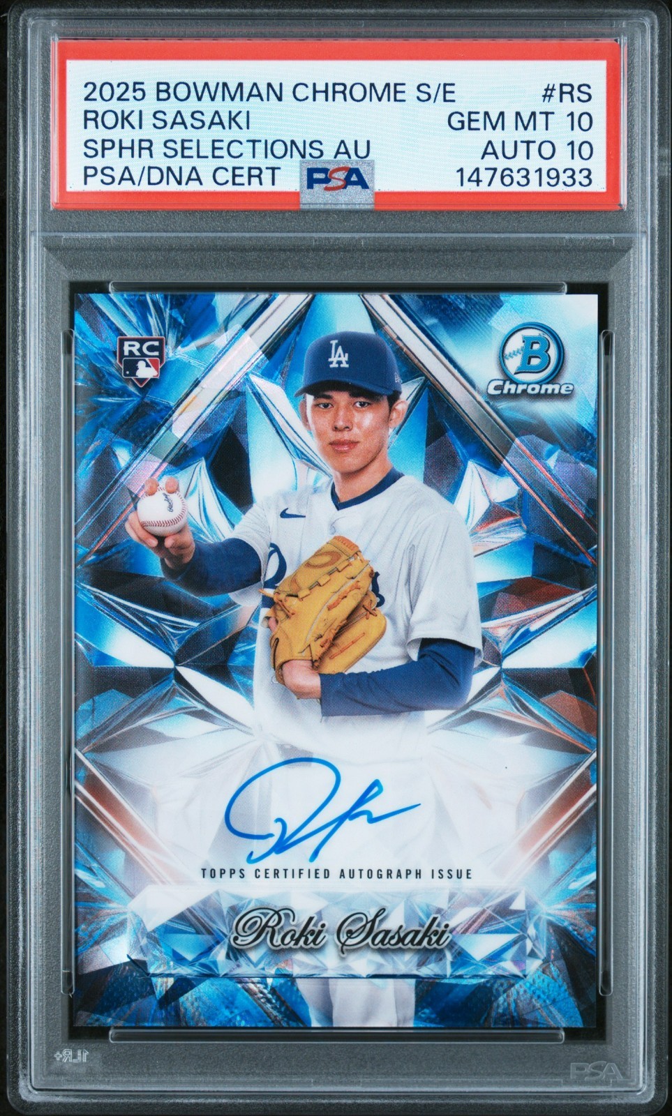 Roki Sasaki #SSA-RS Baseball Cards 2025 Bowman Chrome Sapphire Selections Autograph trading card — raw and PSA graded price guide
