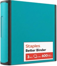 Staples Heavy-Duty 3-Inch D-Ring Binder, Teal Large Capacity 3-Ring Binder