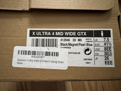 Salomon X Ultra 4 Mid Wide GTX Men's Hiking Boots (Black/Magnet, Size 8) - New
