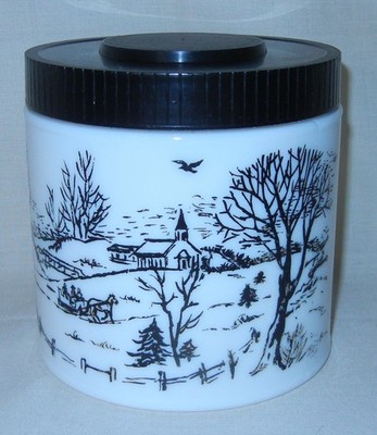 Vintage 1960s Maxwell House Winter Scene Coffee Jar Milk Glass with Plastic Lid