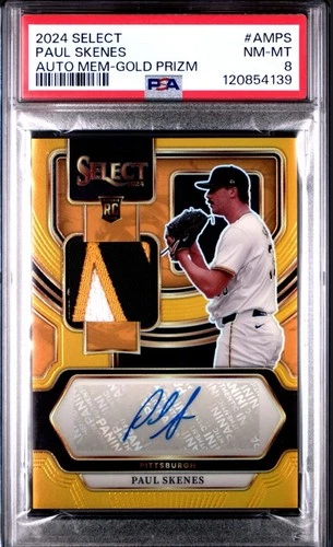 RC Paul Skenes Auto/Mem 2/10 Gold Prizm 2024 Panini Select PSA 8