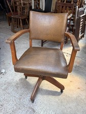 Captains Swivel Armchair Chair Hillcrest Brown Faux Leather Wooden Frame Antique