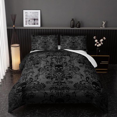 Adults Black Gothic Comforter Set Queen Size,Vintage Damask Floral Bedding Se...