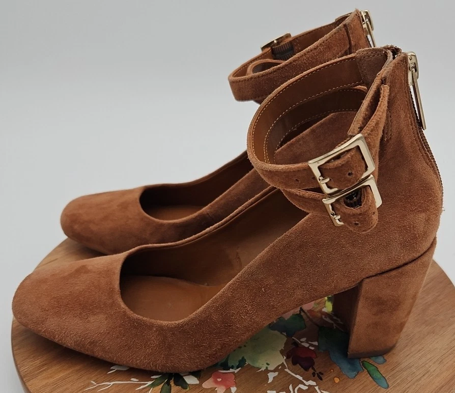 H by Halston REGINA Marrón Gamuza Tacón Bloque Talla 7M Doble Correa para el Tobillo Y2K *USADO EN EXCELENTE ESTADO* Foto 4 de 4