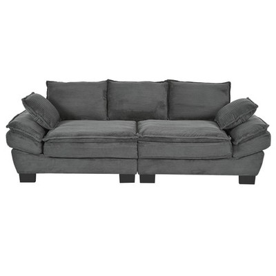 Modern Upholstered Sofa   Corduroy Fabric, Curved Design w/ 2 Decorative Pillows