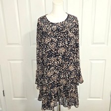 Loveriche Floral Mini Dress Womens 1X Navy Blue Ruffle Bell Sleeve LD42010X