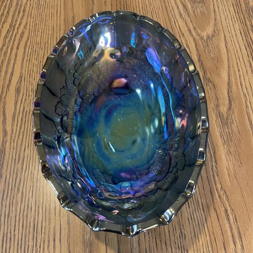 Large Rainbow Iridescent Indiana Carnival Glass Fruit Footed Bowl 12” x 8.5”