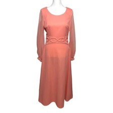 Vintage Peach 1960s 1970s Sheer Sleeve Maxi Dress Gown Women’s Size Medium