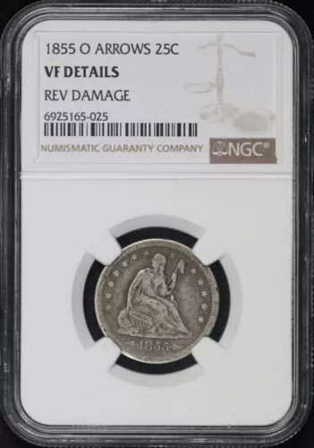 1855-O Seated Liberty Quarter with Arrows NGC VF Details Rev. Damage (Scratched)