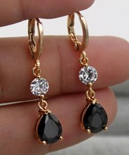 New 18K Yellow Gold Filled Black Teardrop  Clear Round CZ Hoop Dangle Earrings