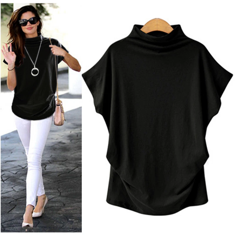 Hot Women Turtleneck Short Sleeve Cotton Solid Casual Blouse Top T Shirt Plus - image 4 of 4