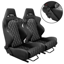 2x Tanaka All Black Pvc Leather Racing Seat Reclinable Diamond Stitch For Camaro