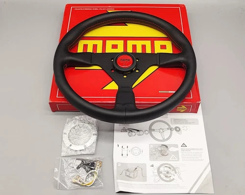 MOMO MonteCarlo 350mm 14' Genuine Leather Thickened Spoke Black Steering Wheel - Picture 1 of 9