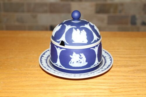 Wedgwood Blue Jasperware Mustard Beehive Marmalade Jar Dish & Underplate (1903) - Afbeelding 1 van 9