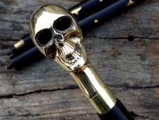Solid Brass Skull Design Head Handle Vintage Walking Cane Wooden Stick Handmade