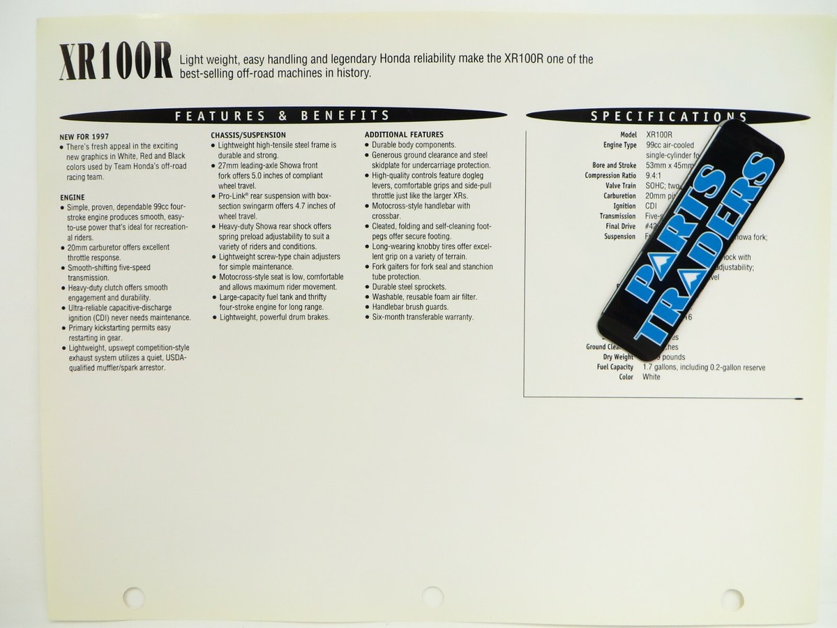 OEM Genuine Honda Red Book Single Page Spec Sheet XR100R XR 100R