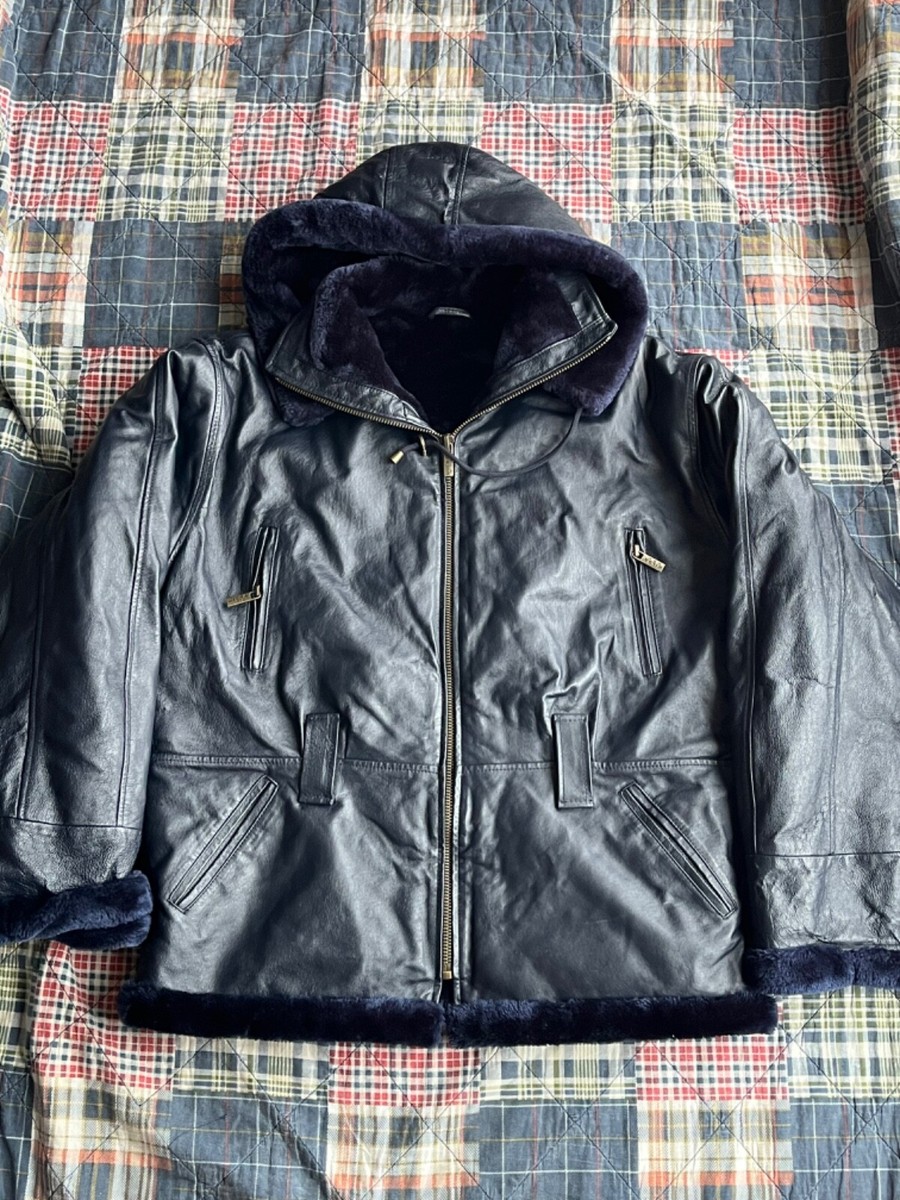 New Vintage Wilda Leather Faux Fur Lined Bomber Blue Hooded New Vintage Wilda Leather Faux Fur Lined Bomber Blue Hooded