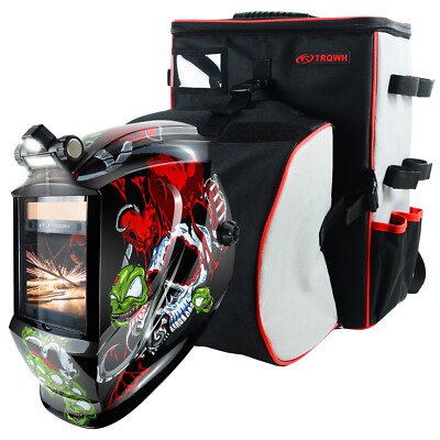TRQWH Solar Powered Auto Darkening Welding Helmet LED Light & Welding Backpack