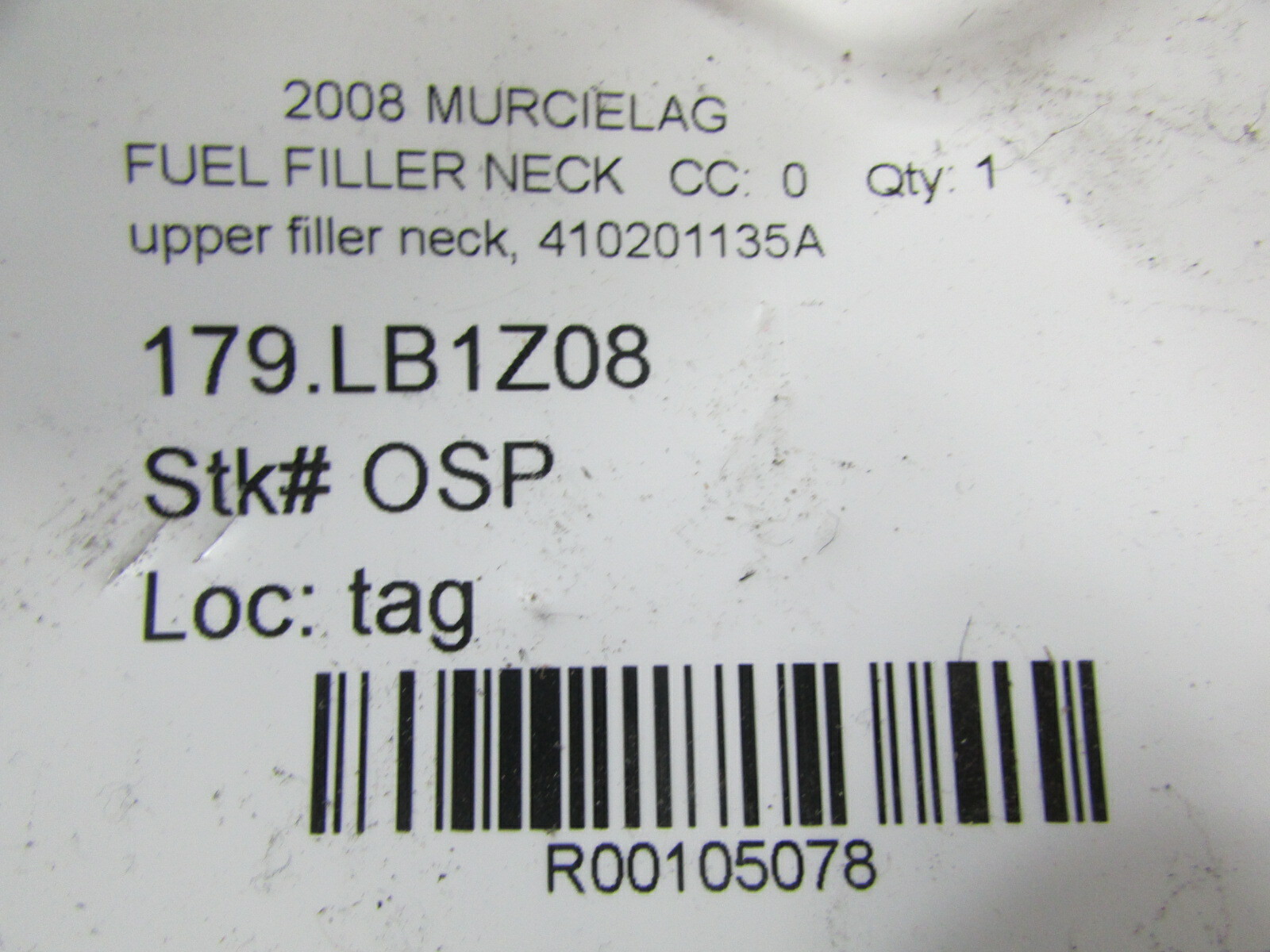 Lamborghini Murcielago, Upper Fuel Filler Neck, Used, P/N 410201135A