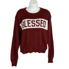 Modern Lux "BLESSED" womens size L knit sweater maroon long sleeve crew neck