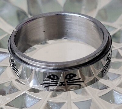 New Size 11 Kitty Cat Fidget Spinning  Rotating Stainless Steel Silver Band Ring