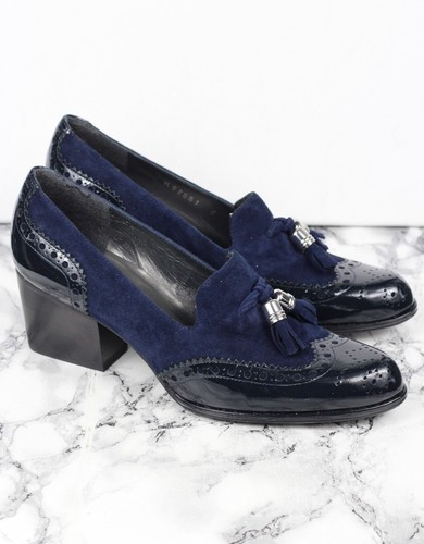 Russell & Bromley Stuart Weitzman Navy Suede Heeled Loafers, Size EU 37 / UK 4