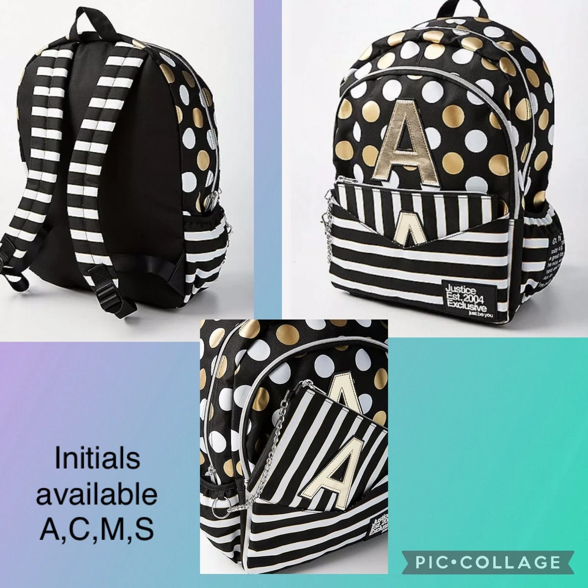 NWT Justice Black Stripe and Dot Initial Backpack with wristlet A,C,M,S |  eBay