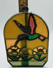 Stained Glass Suncatcher Hummingbird in Window Flower Box