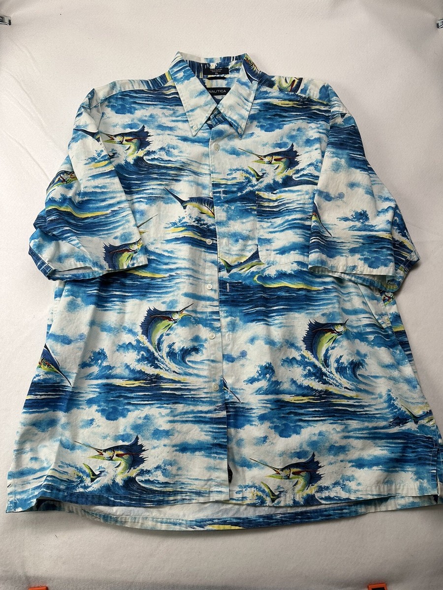 Vintage Nautica Fish All Over Print Button Down Pocket Mens Shirt