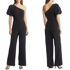 NEW ELIZA J Black CREPE Puff Sleeve ONE SHOULDER Wide Leg PARTY JUMPSUIT 8