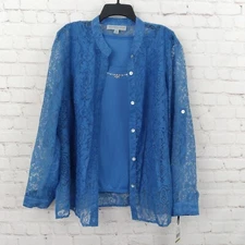 Samantha Grey Blouse Womens 14 Blue Burnout Lace Layered Embellished Tank Shirt