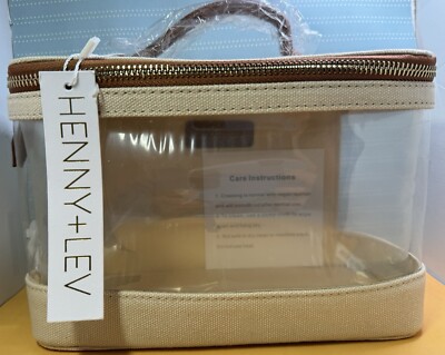 Henny & Lev Clear Toiletry Makeup Bag With Brown Vegan Trim & Gold Zipper -NEW
