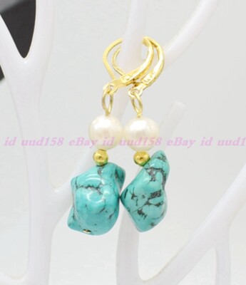Natural 15x20mm Irregular Blue Turquoise 7-8mm White Pearl Hook Dangle Earrings