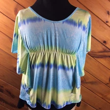 Womens Crossroads plus XXL 2X Blue green butterfly sleeves shirt blouse D11
