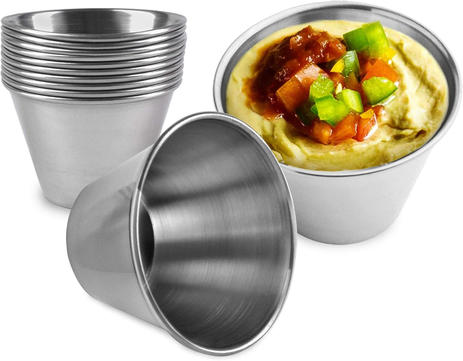 [12 Pack 2.5 Oz Stainless Steel Dipping Sauce Cups, Reusable Metal Ramekins, Com
