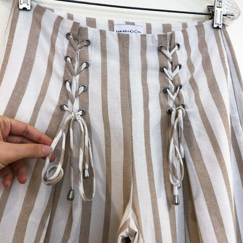 Chriselle x JOA Striped Lace Up High Waist Wide Leg Cream Striped Pants Small - Picture 5 of 11