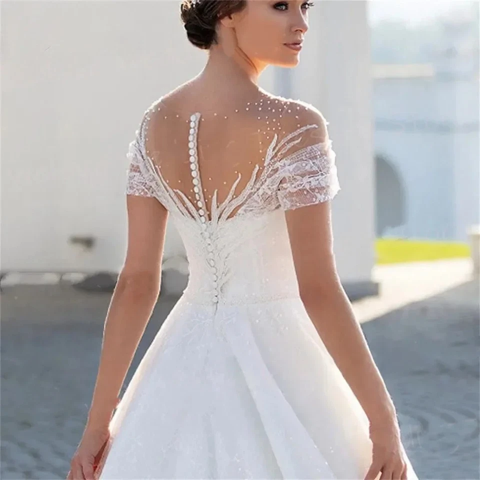 Vestidos de novia simples línea A cuello en V mangas cortas apliques de encaje vestidos de novia Foto 3 de 4