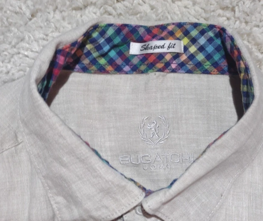 Bugatchi Uomo 100% Linen Shirt Men's Large Biege Button Up Short Sleeve Casual - Image 3 of 4