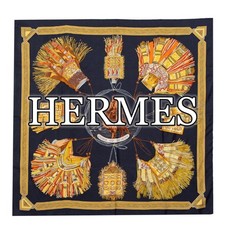 HERMES Cuirs du Desert Carre 90 Silk Scarf Black Gold Authentic Vintage