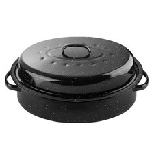 DIMESHY 16" Enamel on Steel Black Covered Oval Roaster Pan for Turkey/Chicken