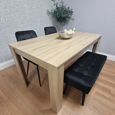Modern Oak Effect Table with 2 Black Velvet Chairs and a Black Velvet Benche