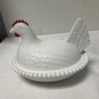 Vtg Hen Chicken on Nest Milk Glass Hand Painted  Candy/Trinket Dish