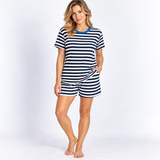 Hanna Andersson Short John Pajama Set L Organic Cotton Navy Stripe Blue PJs