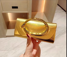 Women's Gold Metallic Faux Leather Clutch Oval Top Handle Detachable Chain