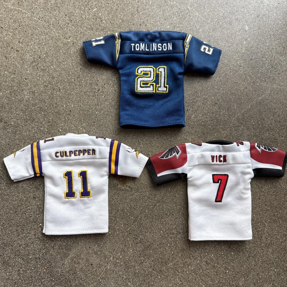 Mini camisetas de la NFL de cubierta superior 2005 - Lote de 3 abiertas - Tomlinson, Vick, Culpepper Foto 2 de 2