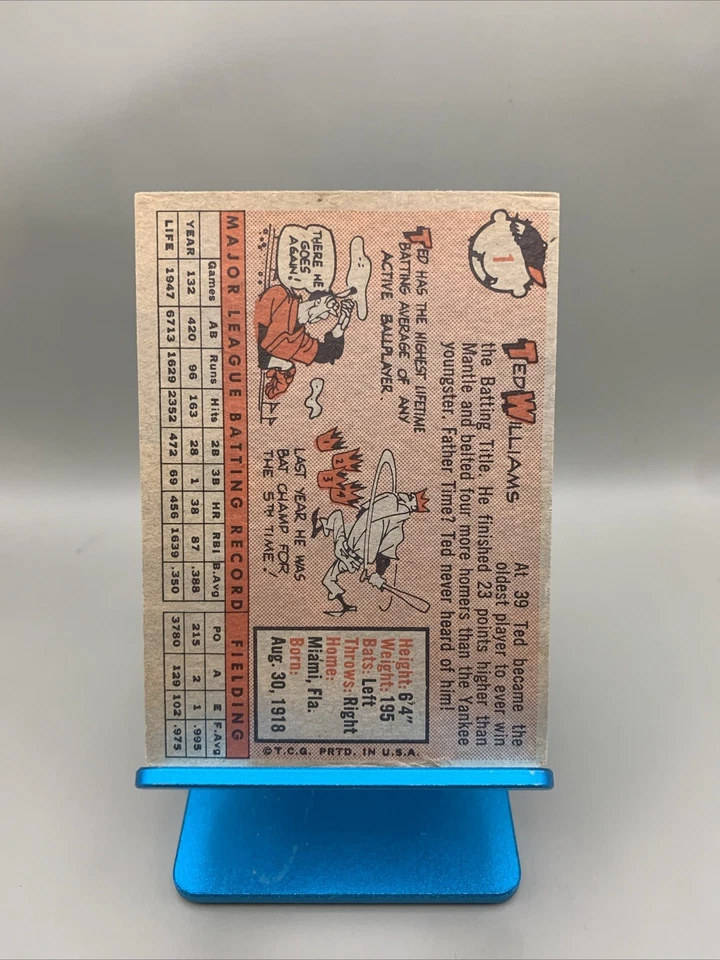 1958 Topps Ted Williams No1 Boston Red Sox VG+ Centered Wrinkle Edge Wear Изящный - Изображение 2 из 4