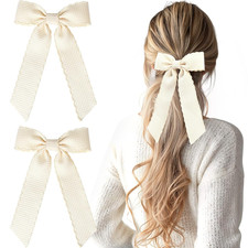 2PCS Hair Bows for Women Girls, Beige Hair Ribbon Bowknot French Hair Clips Barr