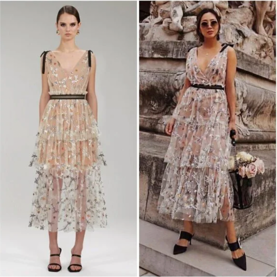 Self-Portrait Star Mesh Midi Dress Womens 6 Beige Nude Embroidered Star  Sequin