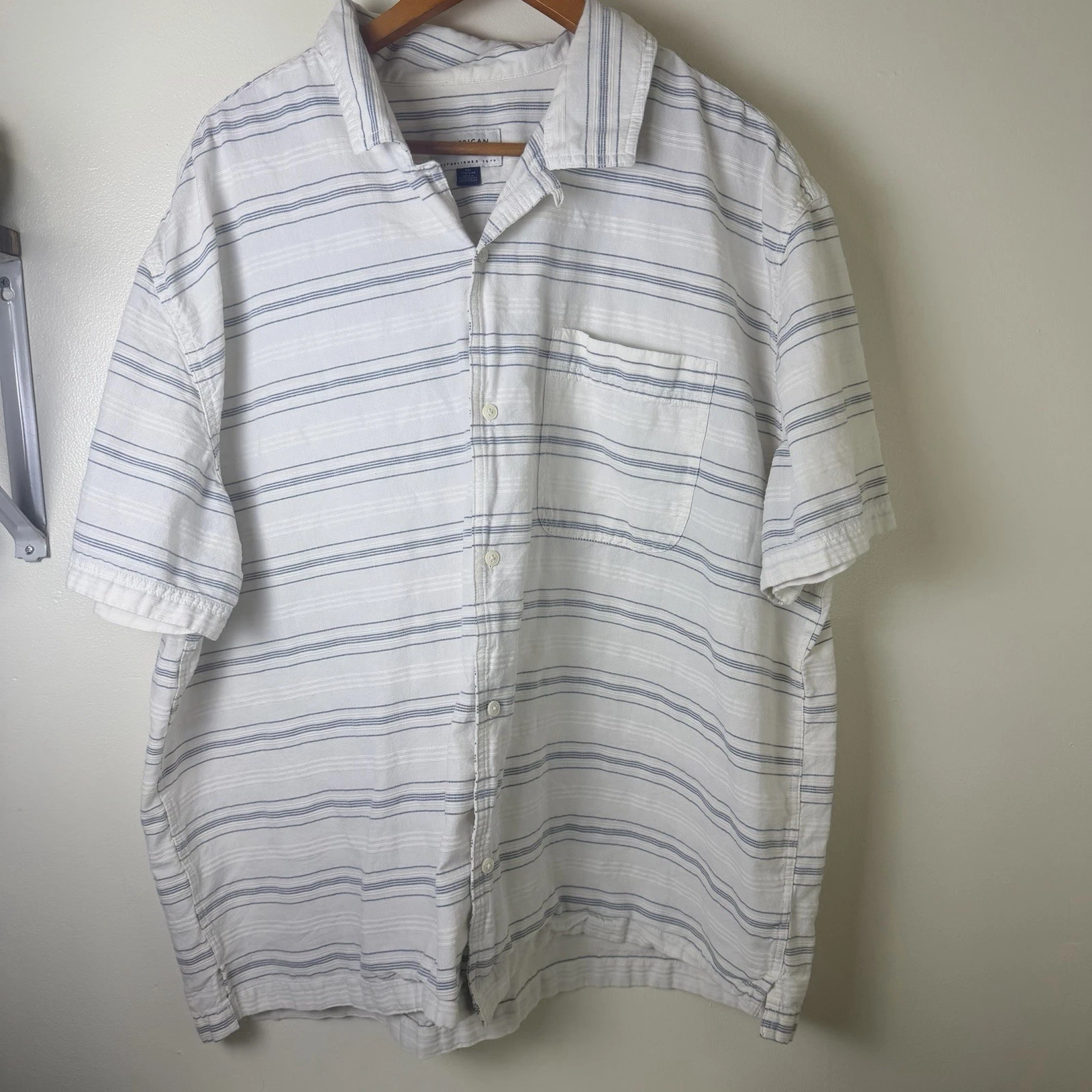 American Eagle Linen Blend Shirt Mens XXL Striped Short Sleeve Button Up Pocket