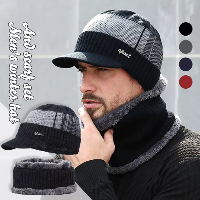 Mens Winter Warm Peaked Beanie Hat Fleece Lined Outdoor Ski Cap with Scarf  | eBay